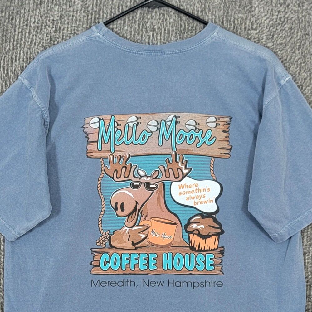 Mello Moose Coffee House T-Shirt Mens M Blue Meridith New Hampshire NH Raw Hem